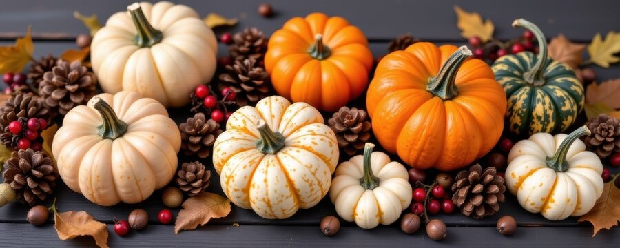 Harvesting autumn pumpkins and pine cones rustic kitchen table seasonal decor warm atmosphere close-up view