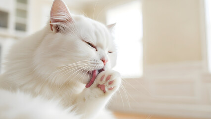 Fototapeta premium Fluffy White Cat Grooming Paw A Clean Feline's Self-Care Routine