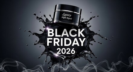 Luxury night repair cream special Black Friday 2026 promotion with elegant dark splash, perfect for skincare ads and beauty promotions