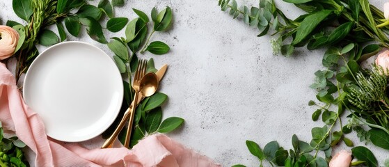 Spring table setting featuring a white plate and golden cutlery accented with a pink ribbon on a concrete background with lush greenery
