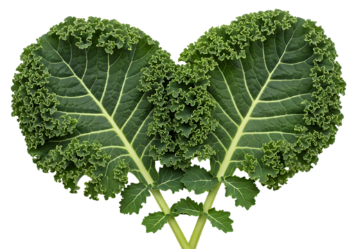 Two vibrant green curly kale leaves arranged symmetrically to form a heart shape, isolated on transparent background