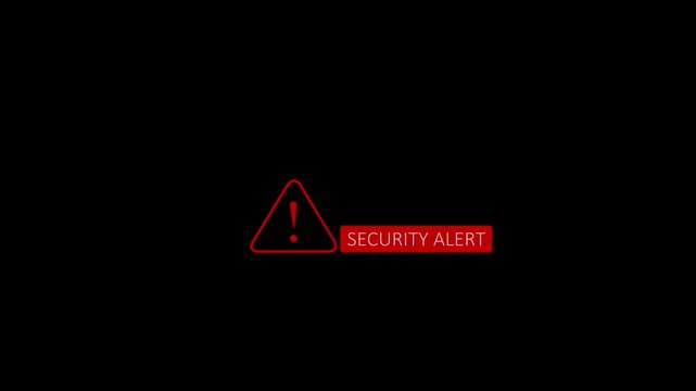Digital security alert attention screen with red colored icon animation. showing digital scam, fraud alert and spam alert risk connected by lines on a black background.