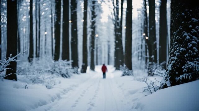 A person trudges through a snowy forest on a winter day