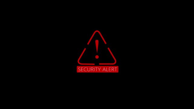 Digital security alert attention screen with red colored icon animation. showing digital scam, fraud alert and spam alert risk connected by lines on a black background.