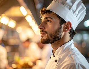 Chef supervisando el funcionamiento de la cocina, primer plano ligeramente lateral. Fondo ocupado y borroso. Iluminación cálida profesional