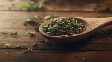 Dried herbs in wooden spoon on rustic wooden table
