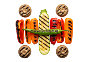 Assortment of grilled vegetables including zucchini, bell pepper slices, a whole chili, and mushroom caps arranged artistically isolated on transparent background