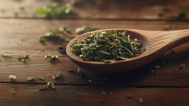 Dried herbs in wooden spoon on rustic wooden table  