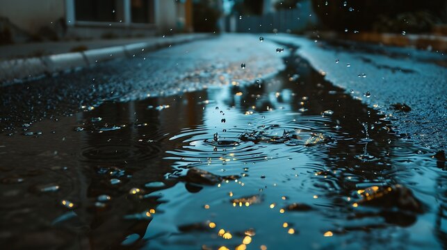 Captivating raindrops dancing in the puddle, creating ripples of light and reflections on a moody urban street - Powered by Adobe