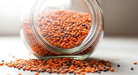 Vibrant red and black lentils elegantly spilled from a clear glass jar, showcasing a healthy and natural ingredient ready for diverse culinary preparations and nutritious meals