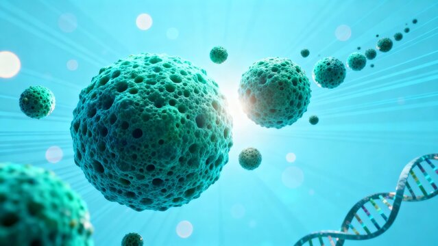 Microscopic background with spherical cells DNA strand and biological research