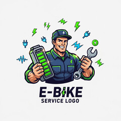 Professional e bike repair technician mascot holding tools logo