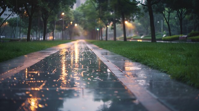 Rainy city park with glistening pavement reflects streetlights in the serene evening atmosphere for peaceful urban scenes