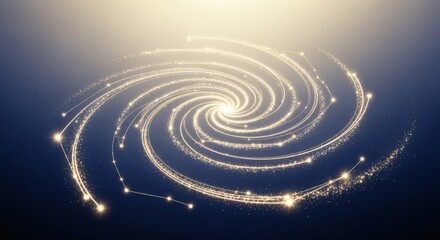 Luminous golden filaments form a spectacular spiraling constellation arc glowing with brilliant star-like nodes across a midnight cosmic haze. Abstract space concept