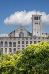 General view of 13th century Basilica of Saint Francis of Assisi and Franciscan friary Sacro Convento, Assisi, Italy