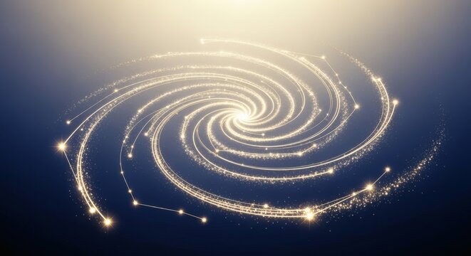 Luminous golden filaments form a spectacular spiraling constellation arc glowing with brilliant star-like nodes across a midnight cosmic haze. Abstract space concept
