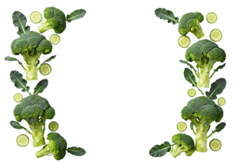 Fresh green broccoli florets and slices of cucumber arranged in decorative vertical borders on a transparent background