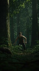 Adventurer cautiously moving through a dense, overgrown tropical forest environment