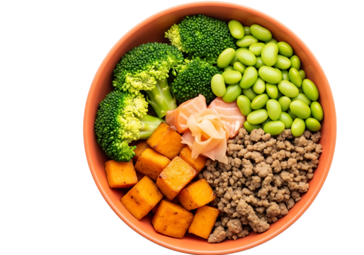 Healthy protein bowl featuring ground meat, cubed sweet potato, steamed broccoli florets, edamame, and pickled ginger isolated on transparent background