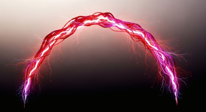 Luminous plasma filaments form a spectacular glowing crimson lightning arc suspended in a dark charcoal void with intense radiant sparks. Abstract energy concept - Powered by Adobe