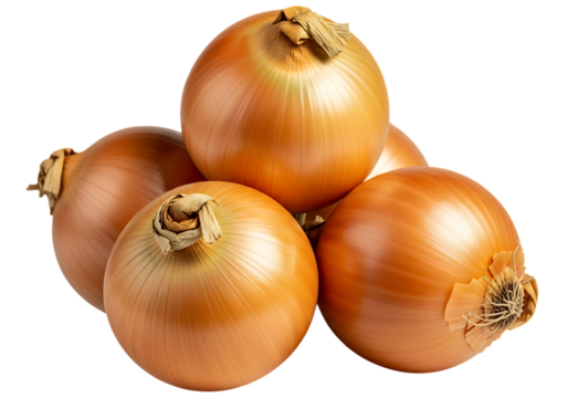 A pile of five fresh, whole brown onions with papery outer skins stacked together, isolated on transparent background