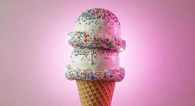 Double scoop vanilla ice cream cone covered in colorful sprinkles