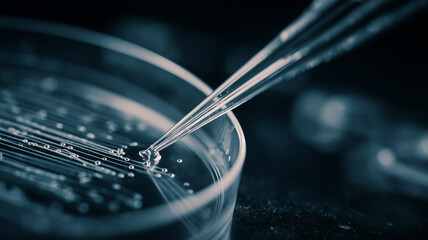 A laboratory pipette interacting with a cultured petri dish symbolizing precision, scientific methodology and controlled biological research.
