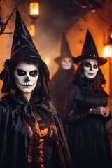 people in scary costumes, pumpkin, skeletons, night,holiday, halloween, free space for text