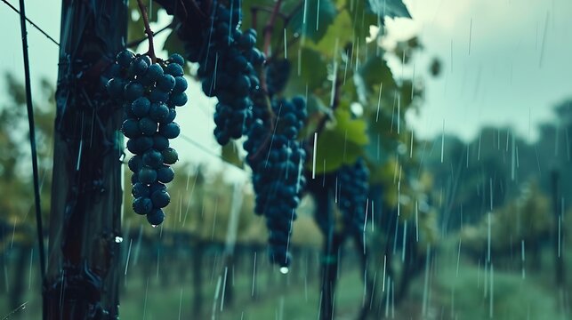 Moody vineyard scene with ripe grapes glistening in the rain perfect for wine labels or atmospheric branding projects