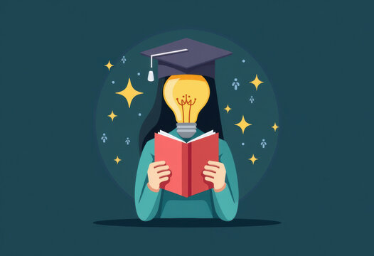 Education knowledge, Elearning graduate certificate program concept. Student hold book icon, lightbulb graduation hat. Study knowledge, creative thinking idea, online training class, degree solution