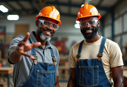 African American mentor and apprentices gesturing toward frame wearing safety glasses in workshop. Handyman, training, craftsmanship, industrial, professional, manual skills, educational