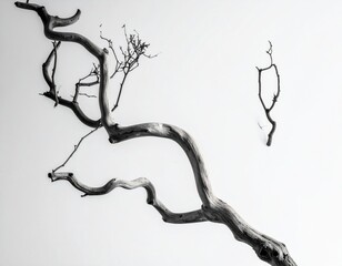 Twisting branches, stark against pale sky, monochrome view