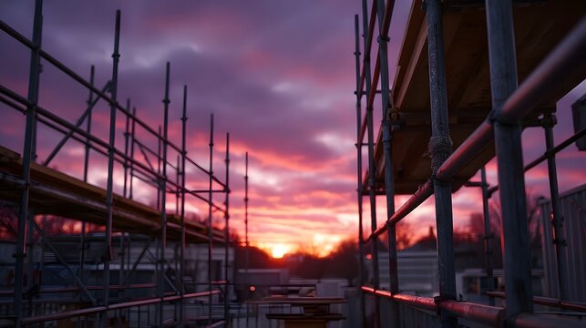 Dramatic and vibrant sunset paints the sky with colorful hues of orange pink and purple over industrial scaffolding at an urban construction site