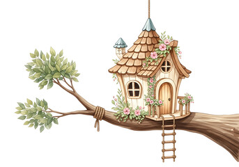 Whimsical fairy tale treehouse on a branch watercolor illustration.