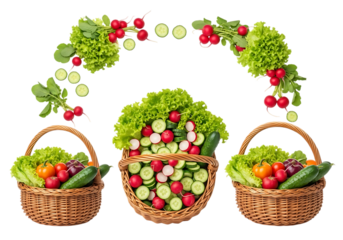 Three wicker baskets overflowing with fresh garden vegetables like lettuce, radish, tomato, and cucumber, isolated on transparent background