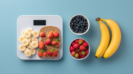 Healthy Breakfast With Fruits and Scales for Diet Planning on a Light Blue Background