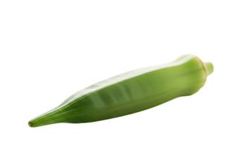 A single fresh green okra pod shown diagonally against a pure transparent background, highlighting its ribbed texture and tapered shape