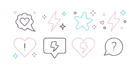 Pastel Icons Set with Hearts and Lightning Bolts vector