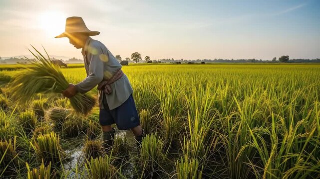 Farmer harvesting rice in a golden field at sunset.