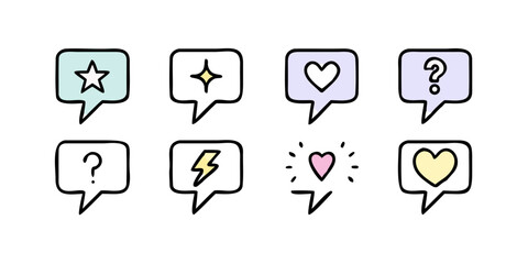 Pastel speech bubbles with icons star heart question mark