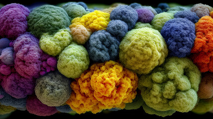 A highly detailed clustered formation of organic structures symbolizing cellular growth, biological variation and natural complexity observed in advanced scientific research.
