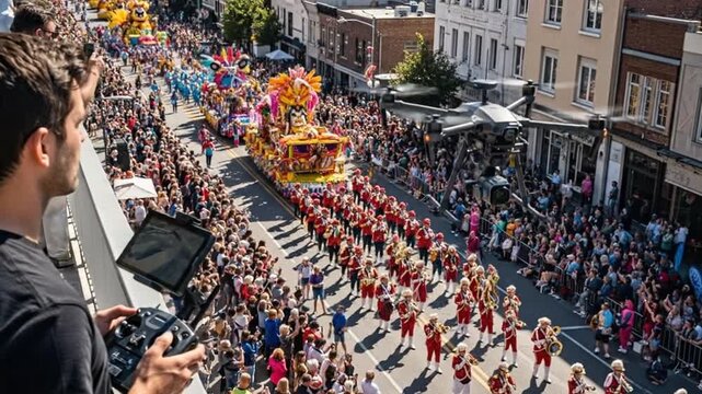 Filmmaker Captures Vibrant Street Parade with Elaborate Float and Marching Band.