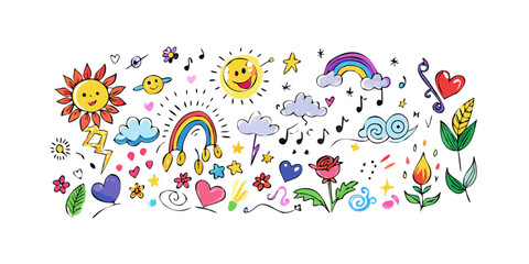 Playful colorful doodle elements with sun rainbows and hearts