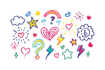 Playful colorful doodle icons with transparent background