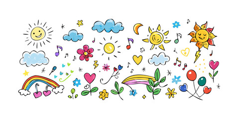 Playful doodle elements with sun clouds rainbow and flowers