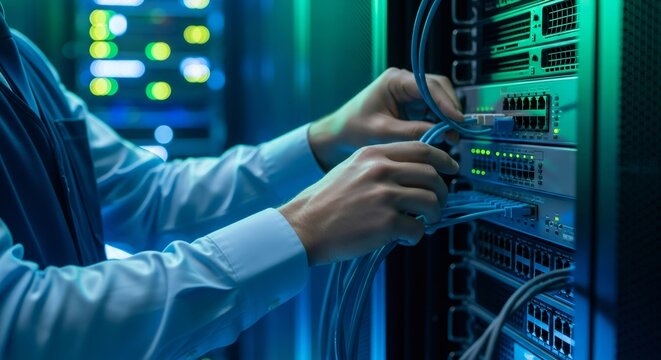 Man IT technician working on network server in data center. Maintenance and installation of communication technologies in telecommunications.