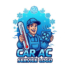 Friendly car air conditioning repair technician mascot service logo