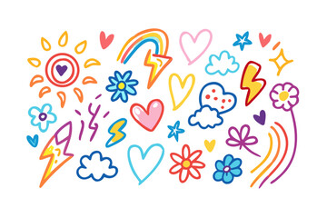 Playful doodle icons with sun hearts lightning and flowers