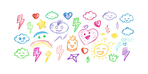 Fototapeta premium Playful rainbow colored doodle icons with transparent background