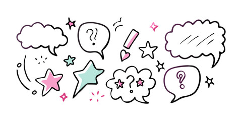 Playful speech bubbles and stars with question marks